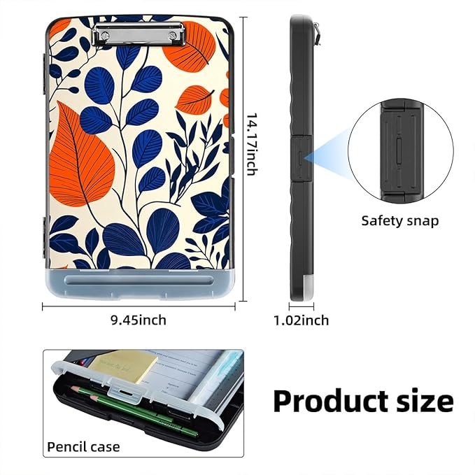 Clipboard with Storage Box & Pen Holder,Heavy Duty Clip Boards 8.5x11 for Nursing,High Capacity,School & Office Supplies,Orange Blue Leaves