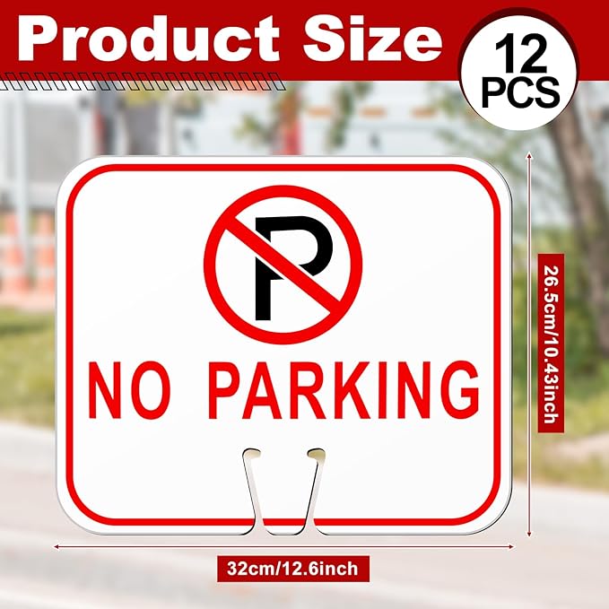 Geetery 12 Pcs No Parking Signs Traffic Cone, 12.6 x 10.43 Inches Plastic Traffic Cone Top Warning Sign for Road Barricade Outdoor Construction Waterproof