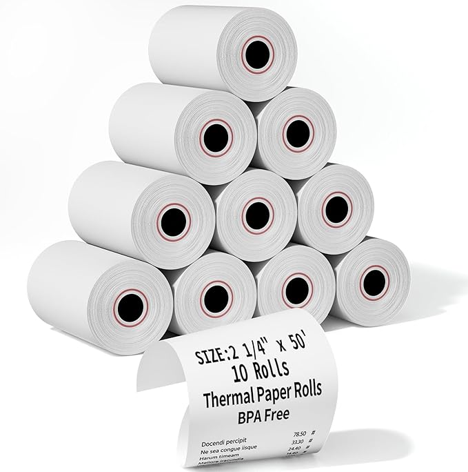 (10 Rolls) 2 1/4" x 50' Thermal Receipt Paper Rolls, Cash Register POS Thermal Paper, Credit Card Rolls Thermal 2 1/4 in x 50 ft.