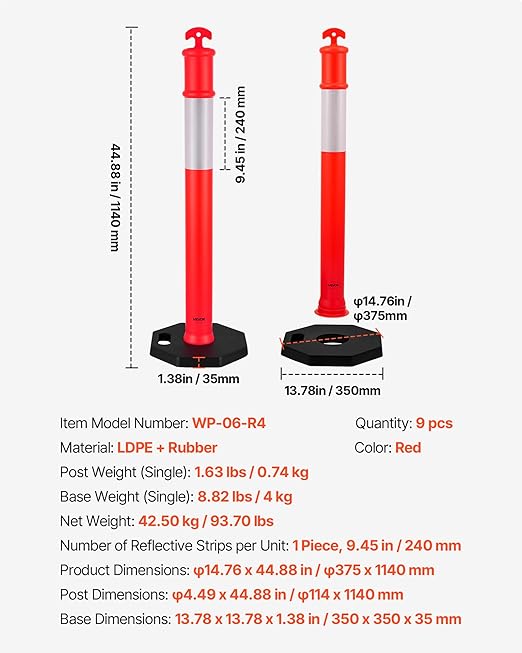VEVOR 9 Pack Traffic Delineator Posts, 48 inches Traffic Safety Cones with Weighted Base and Reflective Strips, Heavy Duty Delineator Posts for Construction Site, Parking Lot, Crowd Control, Red