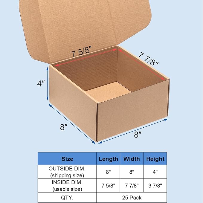 8x8x4" Shipping Boxes 25 Pack Mail Box Brown Corrugated Cardboard Mailing Boxes for Small Business, Kraft Medium Literature Mailer Packaging Supplies