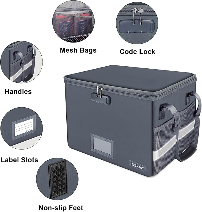 ENGPOW File Box with Lock, Fireproof Document Box with Pockets, Collapsible File Organizer Filing Storage Cabinet with Handle, Portable Home Office Safe for Hanging Letter/Legal Folders,Gray,2 Pack