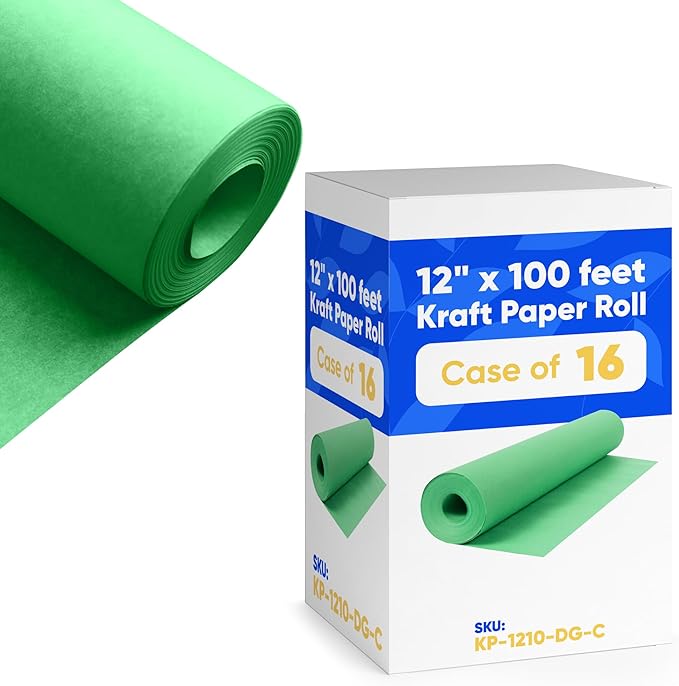 12" x 1200" (100 ft) Green Kraft Paper (Case of 16 Rolls), 45 lbs Thickness, Made in USA Kraft Paper for School, Art Colored Paper, Gift Wrapping Paper, Packing Paper for Moving