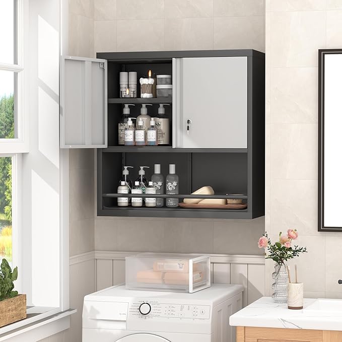 GREATMEET 31" H Garage Storage Cabinets, Lockable Storage Cabinet, Metal Wall Cabinet with Doors for Garage, Black&Grey