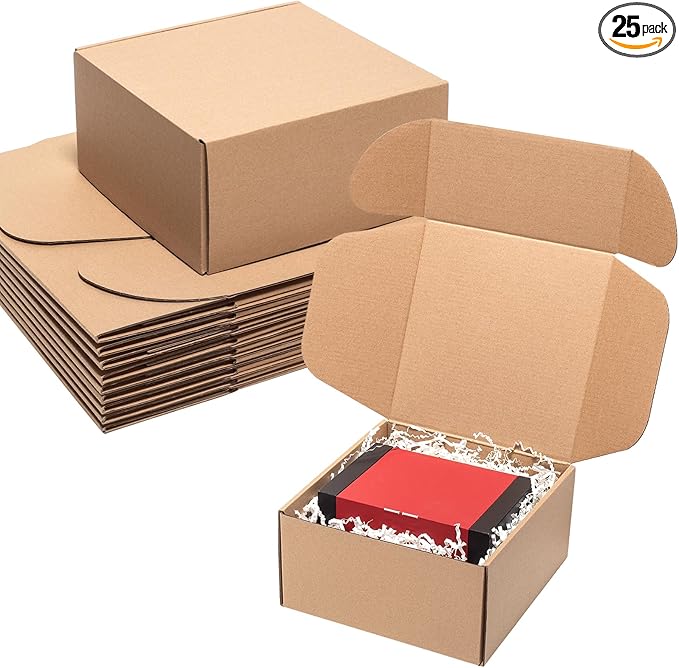 8x8x4" Shipping Boxes 25 Pack Mail Box Brown Corrugated Cardboard Mailing Boxes for Small Business, Kraft Medium Literature Mailer Packaging Supplies