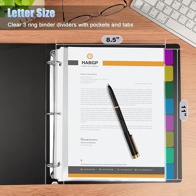 HABGP 24Pcs/3 Set Clear Sheet Protectors for 3 Ring Binder Letter Size, 8 Tab Plastic Dividers With Pockets and Tabs, Page Protectors 8.5x11