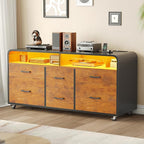 SEDETA 6 Drawer File Cabinet with Power Strip, 47" Wood Mobile Lateral Filing Cabinet fits Legal/Letter/A4 Size for Home Office, Printer Stand with Storage Shelf and Led Lights, Rustic Brown