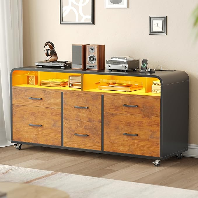 SEDETA 6 Drawer File Cabinet with Power Strip, 47" Wood Mobile Lateral Filing Cabinet fits Legal/Letter/A4 Size for Home Office, Printer Stand with Storage Shelf and Led Lights, Rustic Brown