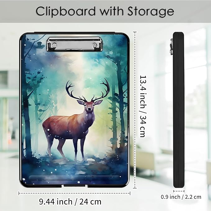 Clipboard with Storage,Office Supplies Nursing Clipboards Folder with Pen Holder Plastic Foldable Clip Board with Storage for Nurse Teacher,Watercolor Forest Deer