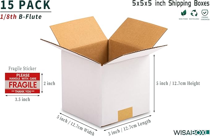 5x5x5 inch White Shipping Boxes, Corrugated Cardboard Small Boxes with Fragile Stickers for Business Mailing, Packing, Moving, Storage, 15 Pack