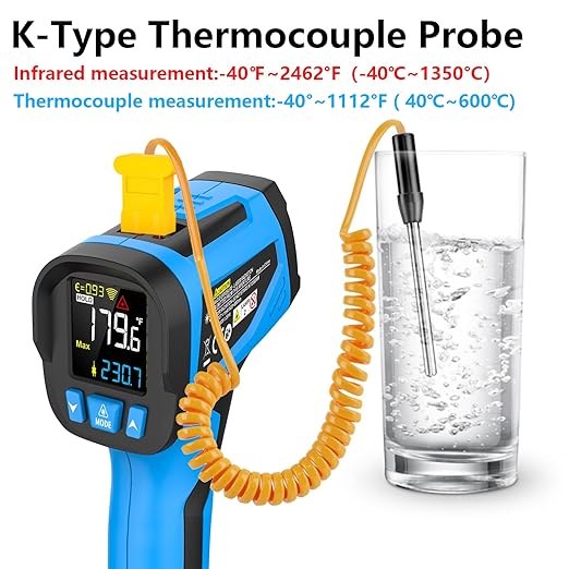 Infrared Thermometer Temperature Gun, Non-Contact High Temp Thermometer with Probe, 30:1 Laser Pyrometer with Color LCD for Cooking, Engine, Kiln, Forging, HVAC & Industrial, -40℉ to 2462℉