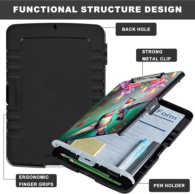 Clipboard with Storage,Heavy Duty Plastic Storage Clipboard with Low Profile Clip,Teacher Must Haves,Office Supplies,Hummingbird Red Flower