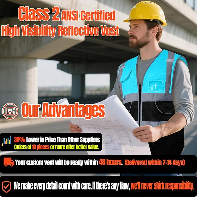 BeautyWill 10/20 Pack Custom Logo Safety Vest,Bulk High Visibility Class 2 Reflective Work Vests
