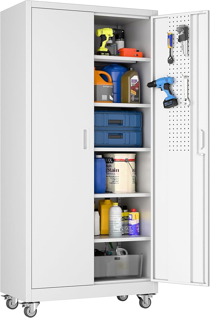 Aobabo Upgrade 71H''*34''W*18''D Metal Garage Storage Cabinet with Wheels and Pegboards, 5 Adjustable Shelves Steel Storage Cabinets for Home,Warehouse,Garage,Assembly Required,White
