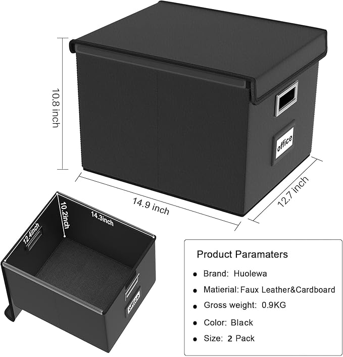 Huolewa File Organizer Boxes with Lids, Collapsible Faux Leather Hanging File Folder Box Organizer with Plastic Slide, Decorative Home/Office Filing System Boxes for File and Folders Storage