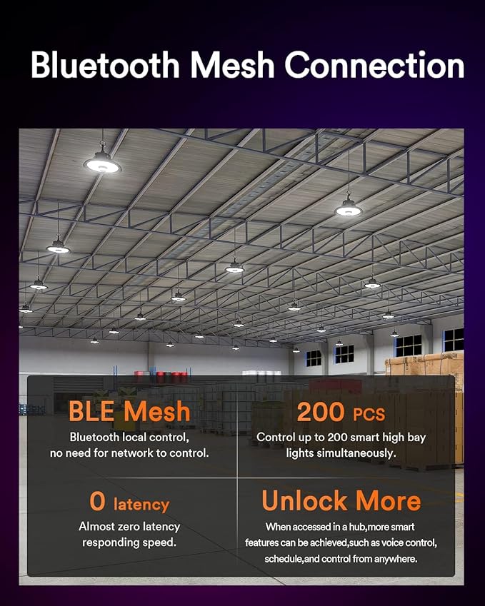 Lumary Smart UFO LED High Bay Light Motion Sensor 100W via Hub, Compatible with Alexa Google, Bluetooth Hanging Shop Lights for Garage w/Remote, 16000Lm Brightness Dimmable 1-100%, 5000K for Workshop