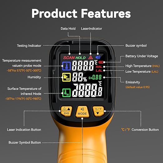 Infrared Thermometer Gun -58°F to 2732°F, IR Temperature Gun with K-Type Probe for Internal Readings, 50:1 High Temp Laser Thermometers Tool for Kilns, Furnaces, HVAC, BBQ Home & Industrial Use