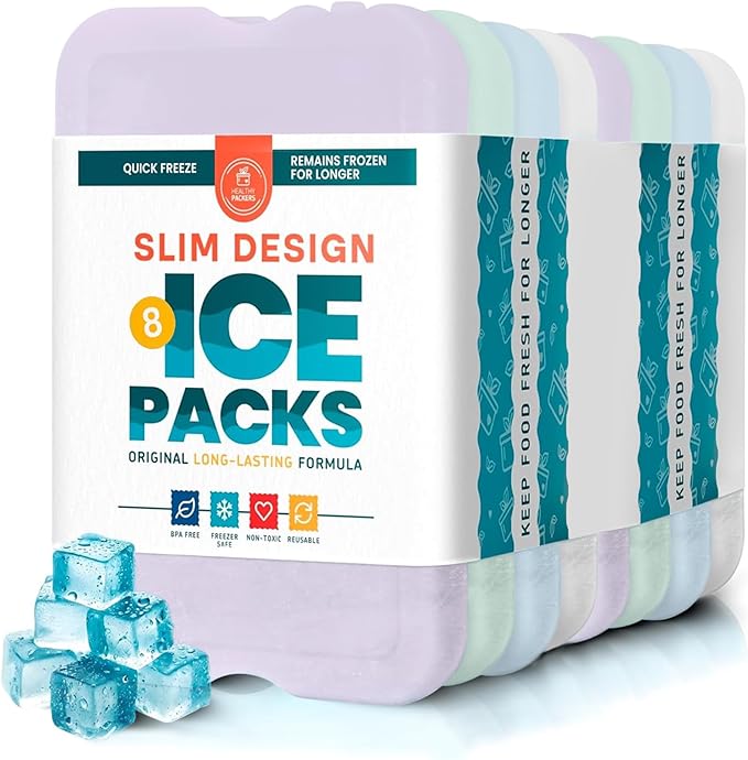 Healthy Packers Reusable Ice Packs for Lunch Boxes - Long Lasting Slim Freezer Packs, Thin Non-Toxic BPA-Free Hard Gel Ice Blocks for Coolers, Kids & Adults Lunch Bags, Travel, Camping, Food Storage