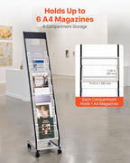 VEVOR Brochure Display Rack, Narrow 6-Tier Magazine Literature Display Stand with Wheels, Metal Floor Standing Magazine Rack, Movable Newspaper Catalog Holders for Shop Exhibitions Office (6 Pockets)