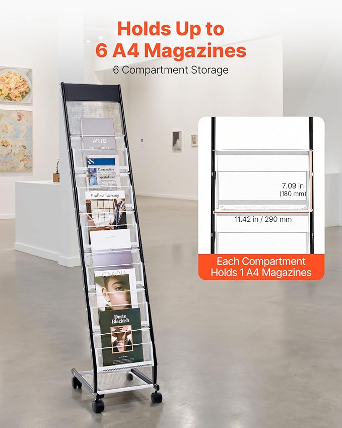 VEVOR Brochure Display Rack, Narrow 6-Tier Magazine Literature Display Stand with Wheels, Metal Floor Standing Magazine Rack, Movable Newspaper Catalog Holders for Shop Exhibitions Office (6 Pockets)