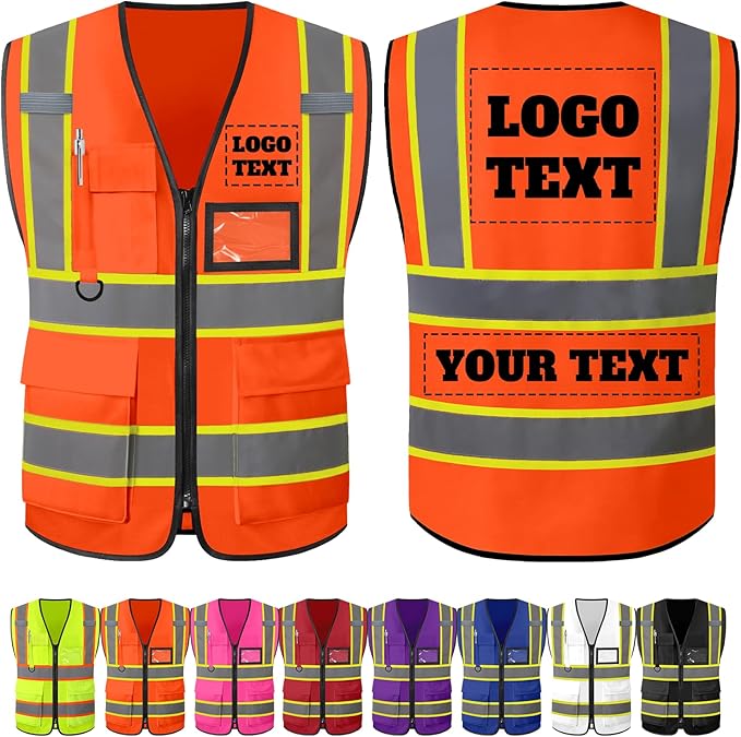 Custom Safety Vest with Logo Personalized High Visibility Vest Reflective for Men with Pockets Zipper Construction Workwear