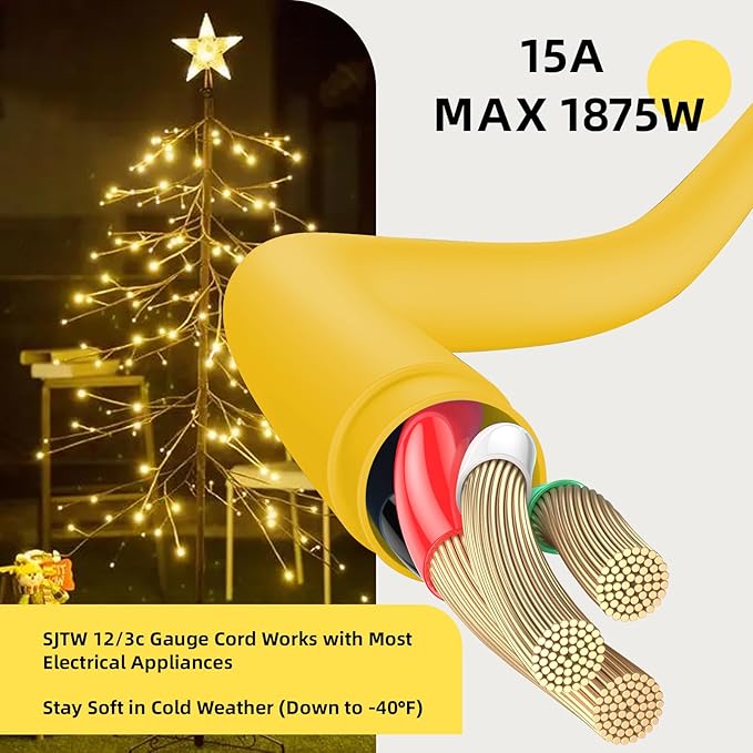 EP 15 Ft Outdoor Extension Cord, 12/3 SJTW Heavy Duty Extension Cable with 3 Prong Grounded Plug, 15 AMP Power Cord for Lawn, Garden, Appliances, Yellow