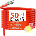 HUANCHAIN 12/3 Gauge Heavy Duty Outdoor Extension Cord 50 ft Waterproof with Lighted end, Flexible Cold-Resistant 3 Prong Electric Cord Outside, 15Amp 1875W 12AWG SJTW, Orange, ETL