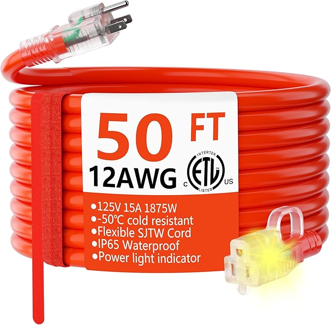 HUANCHAIN 12/3 Gauge Heavy Duty Outdoor Extension Cord 50 ft Waterproof with Lighted end, Flexible Cold-Resistant 3 Prong Electric Cord Outside, 15Amp 1875W 12AWG SJTW, Orange, ETL