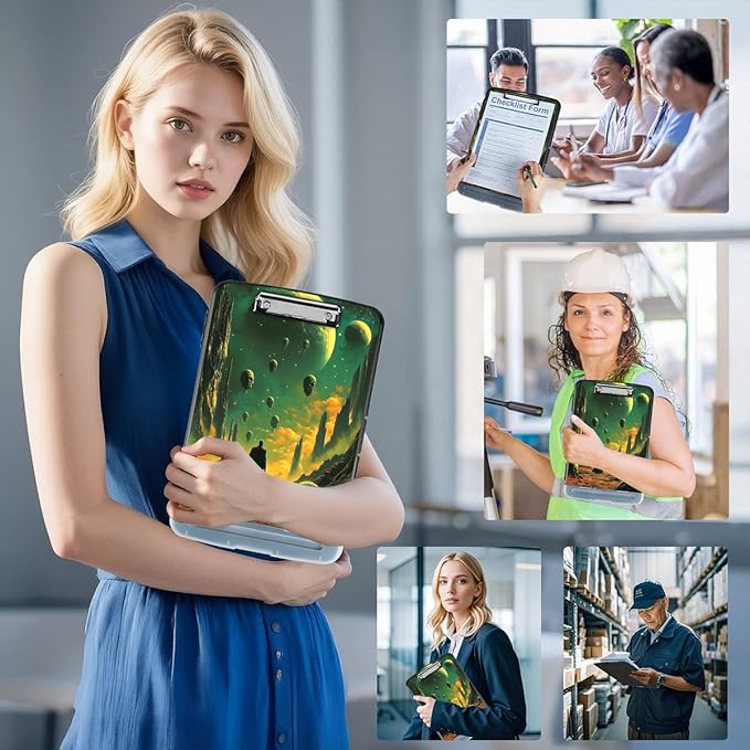 Clipboard with Storage Box & Pen Holder,Heavy Duty Clip Boards 8.5x11 for Nursing,High Capacity,School & Office Supplies,Alien Landscape