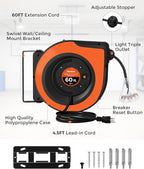 Retractable Cord Reel, 60 FT Heavy Duty Extension Cord, 12AWG/3C SJTOW, 3 Grounded Outlets Lighted Triple Tap, 15A Circuit Breaker, Wall/Ceiling Mounted, UL Listed, Orange B60CR06