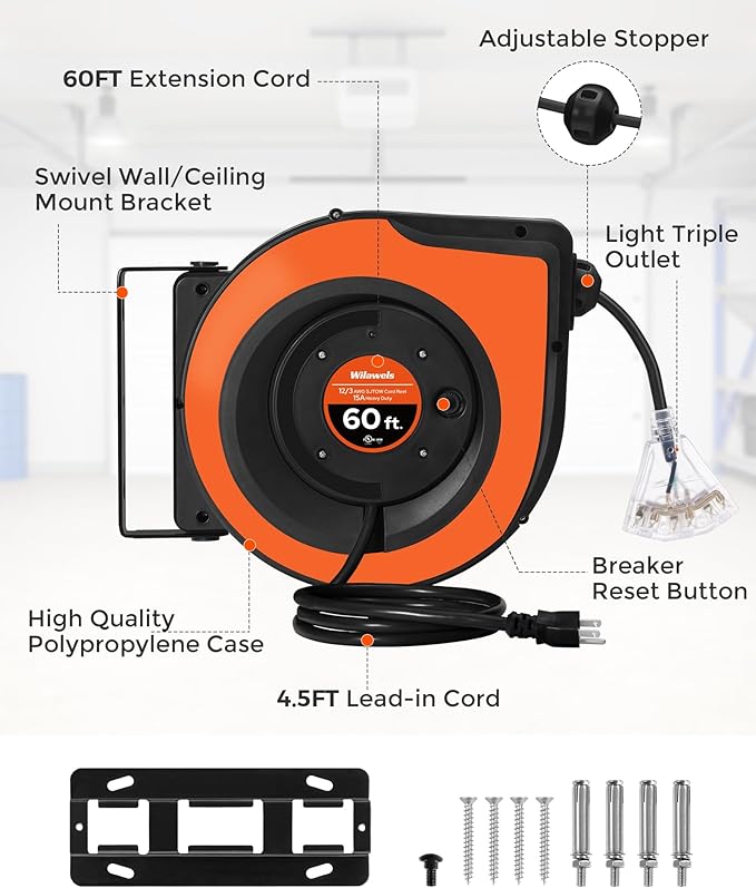 Retractable Cord Reel, 60 FT Heavy Duty Extension Cord, 12AWG/3C SJTOW, 3 Grounded Outlets Lighted Triple Tap, 15A Circuit Breaker, Wall/Ceiling Mounted, UL Listed, Orange B60CR06