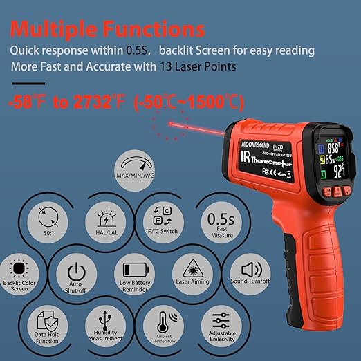-58°F to 2732°F Infrared Thermometer Temperature Gun, 50:1 Laser Thermometer Gun for Oven, HVAC, Humidity Measurement Wood, Wall, IR Temp Gun for Engine, Forging, Industrial & Home