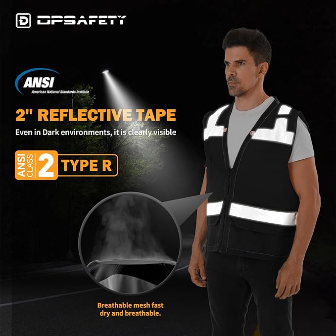 Reflective Safety vest With back plan pocket,High visibility Class 2 Heavy Duty Surveyor Vest with Zipper,Hi Vis Vest ANSI/ISEA Standard, Construction Work Vest for Men＆Women(Black,2XL)