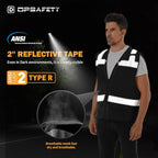 Reflective Safety Vest with Back Pouch, Hi Vis Class 2 Heavy Duty Surveyor Vest with Zipper, ANSI/ISEA Standard, Men's & Women's (Black, 5XL)