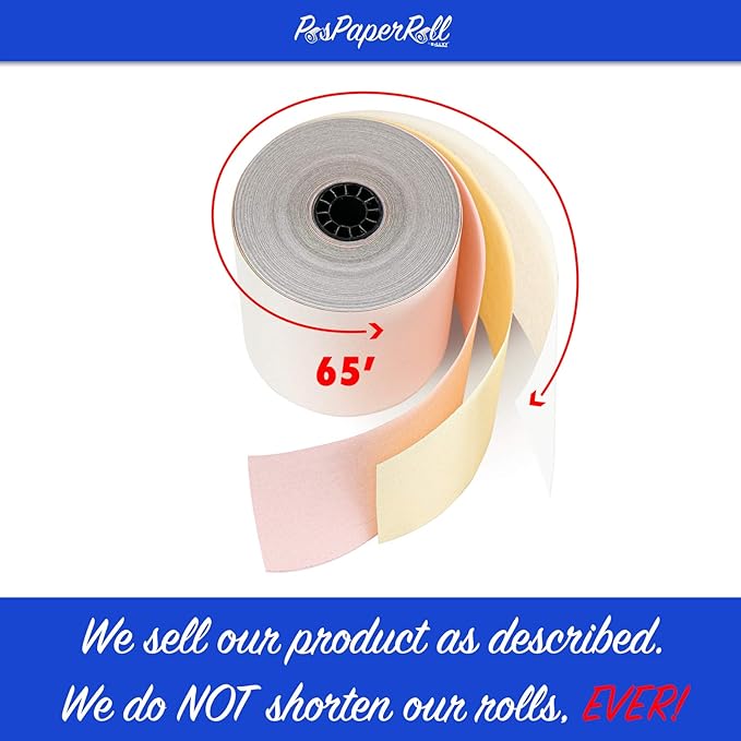 3" x 65' 3 PLY WHITE/CANARY/PINK CASH REGISTER PRINTER POS PAPER ROLL 50 ROLLS/CASE