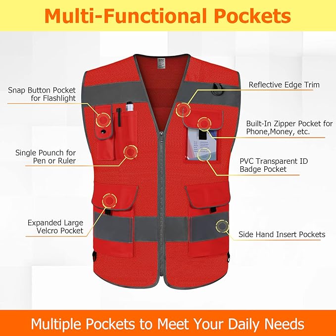 TCCFCCT Mesh Work Vest for Men Women 9 Pockets High Visibility Safety Vest with Reinforced Sewing, Hi Vis Reflective Vest for Workers, Surveyors, Meets ANSI/ISEA, (Red, 4X-Large)