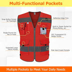 TCCFCCT Red Safety Vest for Men Women 9 Pockets Mesh High Visibility Reflective Vest for Safety, Work Vest with Reflective Strips, Meets ANSI/ISEA Standards, 5X-Large