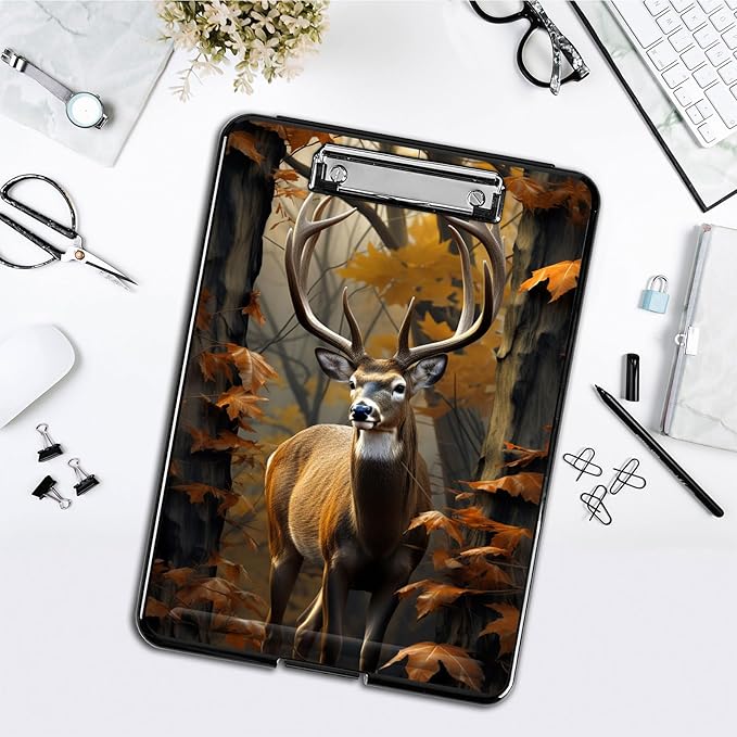 Clipboard with Storage,Office Supplies Nursing Clipboards Folder with Pen Holder Plastic Foldable Clip Board with Storage for Nurse Teacher,Camouflage Forest Deer
