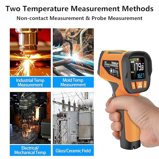-40℉ to 1922℉ TEMIRUP Infrared Thermometer Temperature Gun with Thermocouple Probe, 30:1 Pyrometer High Temp Thermometer for Cooking Oven, Engine, Kiln, Forging, Industrial, Adjustable Emissivity