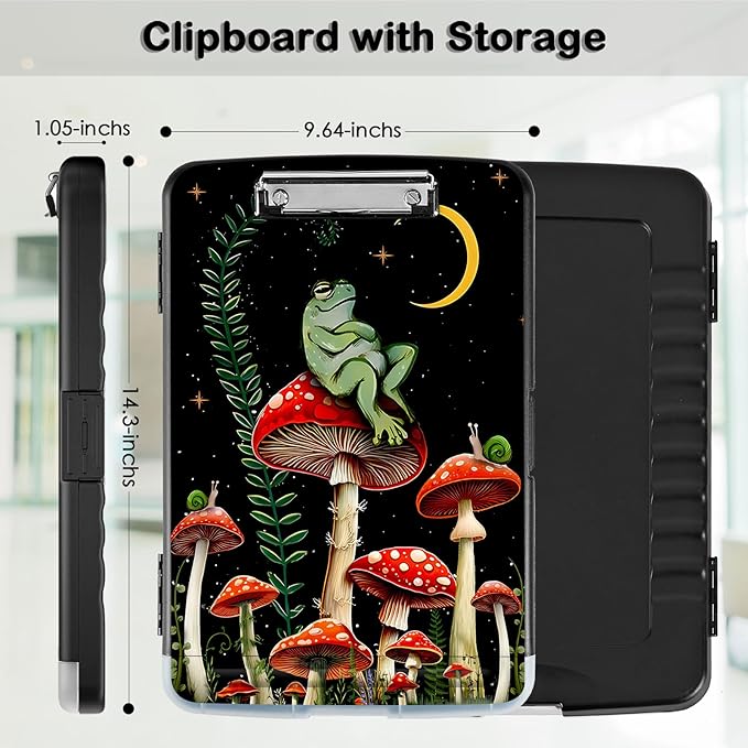 Clipboard with Storage,Office Supplies Nursing Clipboards Folder with Pen Holder Plastic Storage ClipBoard Foldable for Teacher Nurse,Mushroom Frog