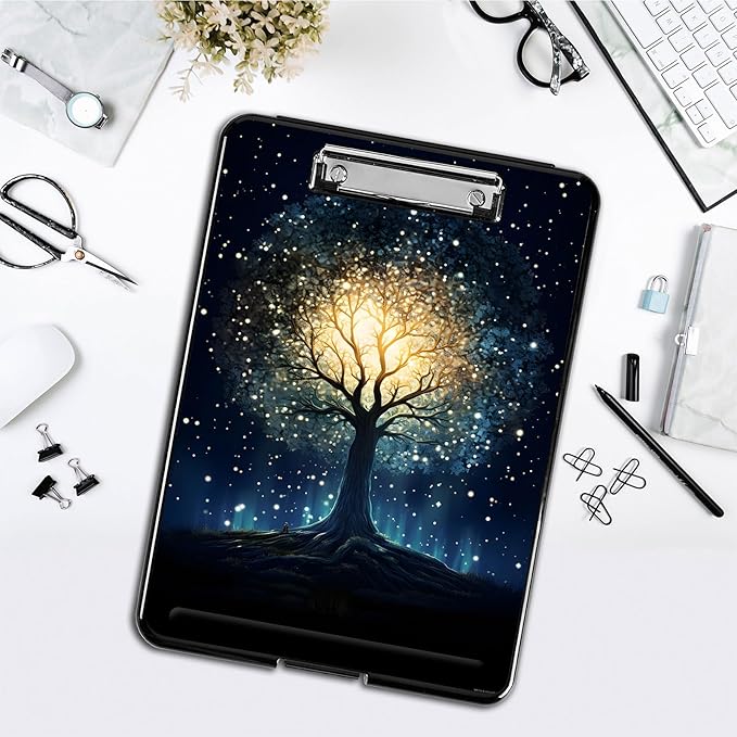 Clipboard with Storage,Office Supplies Nursing Clipboards Folder with Pen Holder Plastic Foldable Clip Board with Storage for Nurse Teacher,Galaxy Tree