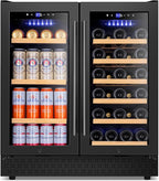 Tylza 30 Inch Wine and Beverage Refrigerator, Dual Zone Wine Beverage Cooler 30" with French Door, Under Counter Wine Beer Fridge Built-In or Freestanding, Holds 29 Bottles and 110 Cans, Black