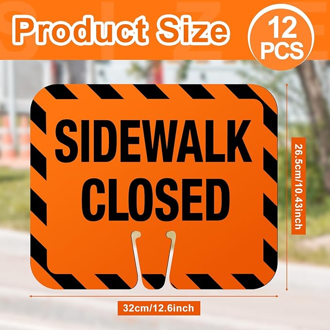 12 Pcs Plastic Sidewalk Closed Sign Bulk for Traffic Cones Top Road Warning Signs 10.4" Height x 12.6" Width x 0.05" Thickness for Outdoor Barricade Construction Caution