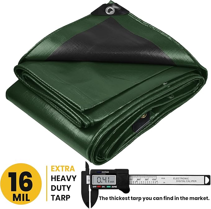 PROTARP Extra Heavy Duty 16 Mil Tarp Cover, Waterproof, UV Resistant, Rip and Tear Proof, Poly Tarpaulin with Reinforced Edges for Roof, Camping, Patio, Pool, Boat. (Green/Black 12′ X 20′)
