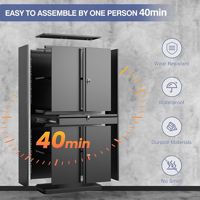 Metal Storage Cabinet with with Drawer, Garage Storage Cabinet with Locking Doors and Adjustable Shelves for Garage, Home Office,Warehouse (Black)