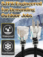 Lighted End Heavy Duty Outdoor Extension Cord Waterproof -16AWG, 3 Prong, 15A, 1875W, Flexible Black Power Extension Cord for Outsides, 15ft