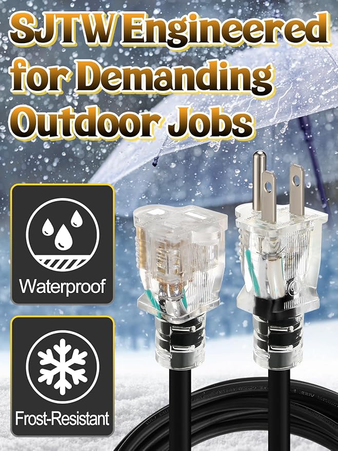 Lighted End Heavy Duty Outdoor Extension Cord Waterproof -16AWG, 3 Prong, 15A, 1875W, Flexible Black Power Extension Cord for Outsides, 15ft