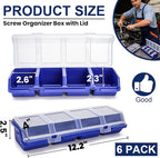 6 Pack Screw Organizer Box with Lid, 4 Compartments Small Parts Bins, Plastic Hardware Storage Containers, Nails Sorting Divider Toolbox Case for Garage Nuts Bolts Craft Organizing