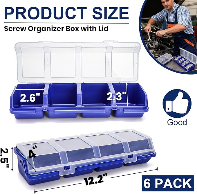 6 Pack Screw Organizer Box with Lid, 4 Compartments Small Parts Bins, Plastic Hardware Storage Containers, Nails Sorting Divider Toolbox Case for Garage Nuts Bolts Craft Organizing