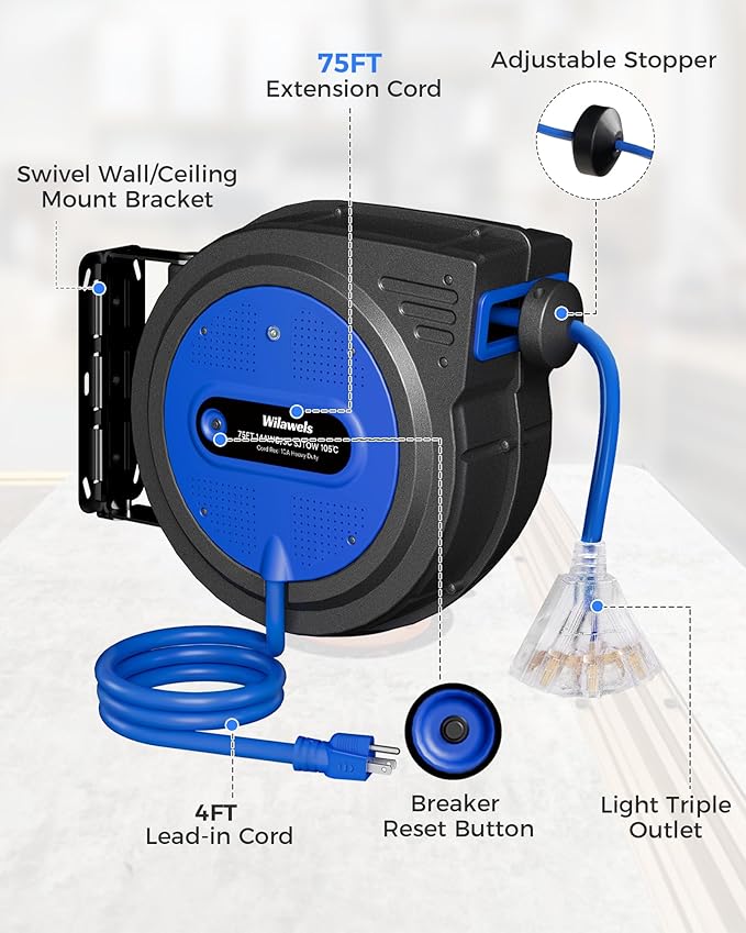 75 FT Retractable Extension Cord Reel, Heavy Duty Extension Cord, 14AWG/3C SJTOW, 3 Grounded Outlets Lighted Triple Tap, 10A Circuit Breaker, Wall/Ceiling Mounted, ETL Listed, Blue U75ACR06